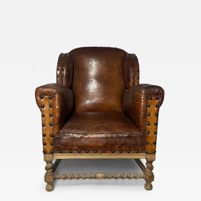 Antique French Leather Club Chair with Nailhead Trim Barley Twist Legs