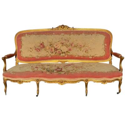 Antique French Louis XV Style Giltwood Aubusson Tapestry Canap Sofa