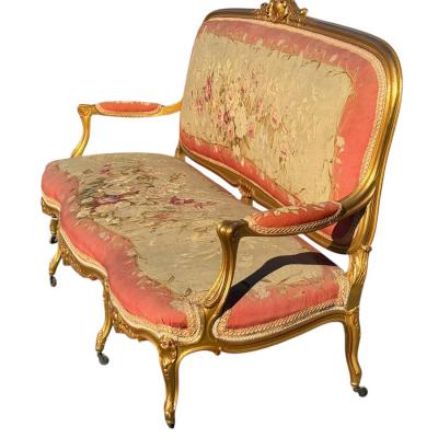 Antique French Louis XV Style Giltwood Aubusson Tapestry Canap Sofa