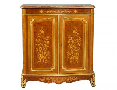 Antique French Louis XV Style Marble Top Commode with Floral Marquetry