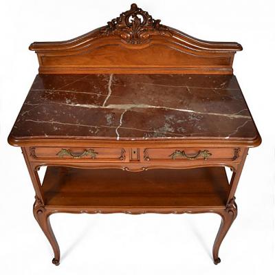 Antique French Louis XV Walnut Marble Top Server Buffet