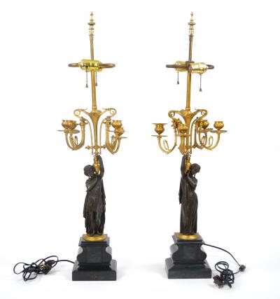 Antique French Napoleon III Gilt Bronze Marble Candelabra Lamps