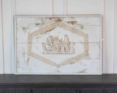 Antique French Neoclassical Painted Wooden Panel with Figural Relief