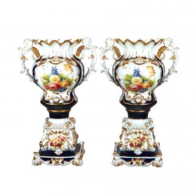 Antique French Old Paris Enameled Gilt Decorated Porcelain Urn Vases 19th Cent