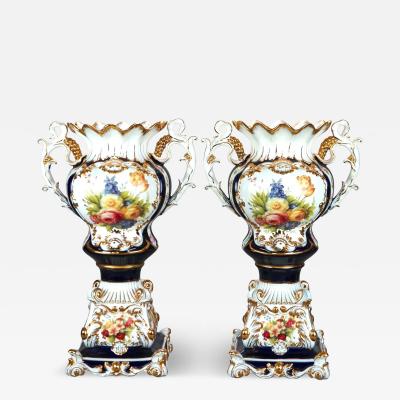 Antique French Old Paris Enameled Gilt Decorated Porcelain Urn Vases 19th Cent