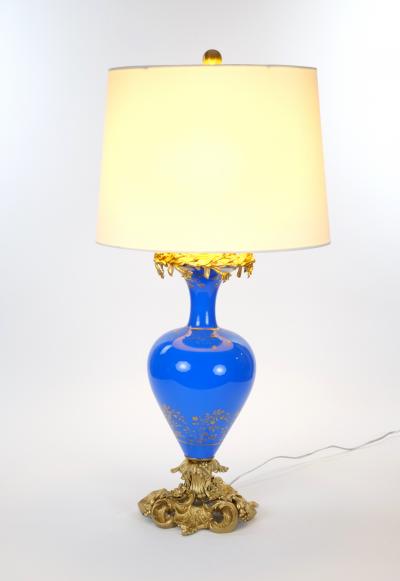 Antique French Painted Glass Table Lamp Gilt Bronze Mounts Mid 19th Century