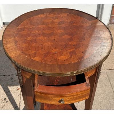 Antique French Parquetry Inlaid Louis XVI Round Side Table