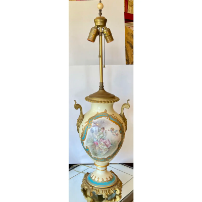 Antique French Porcelain Gilt Bronze Serves Style Scenic Vase Table Lamp