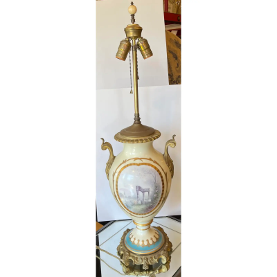 Antique French Porcelain Gilt Bronze Serves Style Scenic Vase Table Lamp