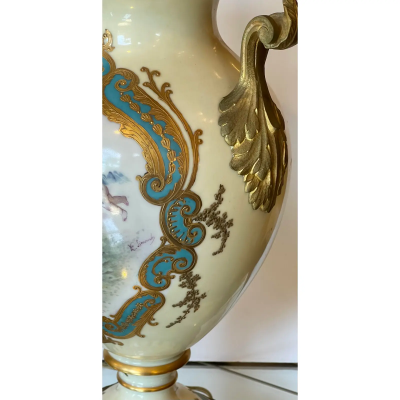 Antique French Porcelain Gilt Bronze Serves Style Scenic Vase Table Lamp