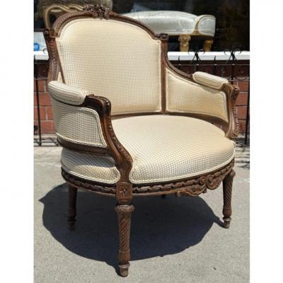 Antique French Provincial Louis XVI Petite Bergere Fruitwood Arm Chair 1 of 2