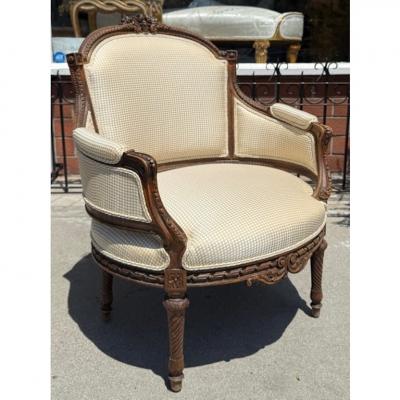 Antique French Provincial Louis XVI Petite Bergere Fruitwood Arm Chair 1 of 2