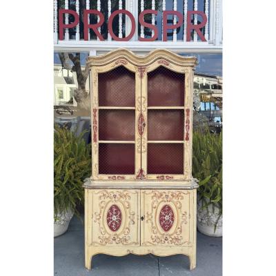 Antique French Red Ivory Paint Decorated Wire Front Display Cabinet