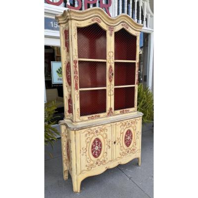 Antique French Red Ivory Paint Decorated Wire Front Display Cabinet