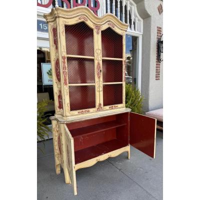 Antique French Red Ivory Paint Decorated Wire Front Display Cabinet