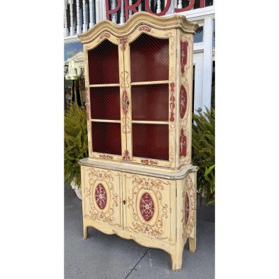 Antique French Red Ivory Paint Decorated Wire Front Display Cabinet
