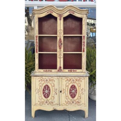 Antique French Red Ivory Paint Decorated Wire Front Display Cabinet