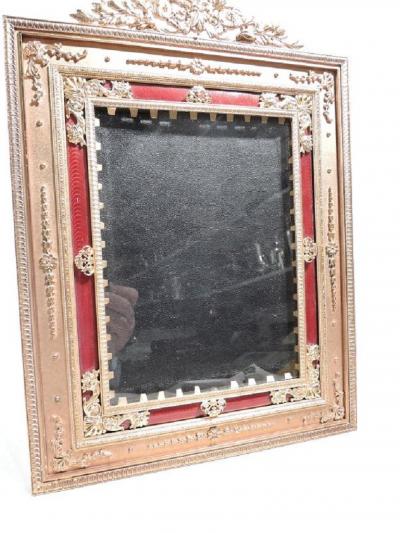 Antique French Rococo Gilt Bronze and Red Enamel Picture Frame