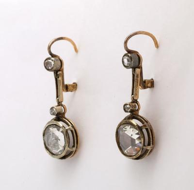 Antique French Rose Cut Diamond Gold Dangle Earrings