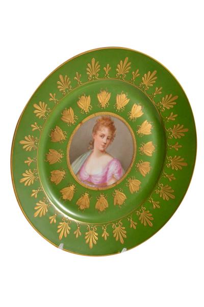 Antique French Sevres Hand Painted Gilt Porcelain Portrait Plate