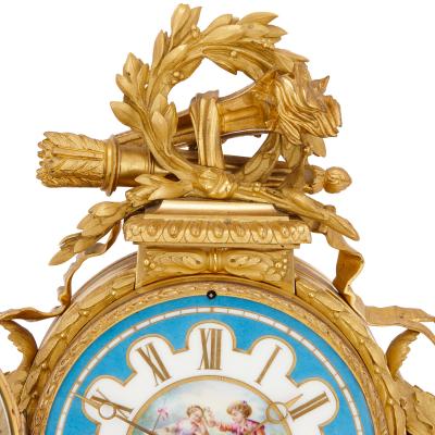 Antique French Sevres style porcelain and gilt bronze mantel clock
