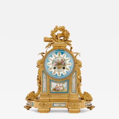 Antique French Sevres style porcelain and gilt bronze mantel clock