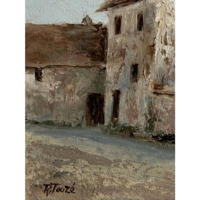 Antique French Village Oil Painting by R Touz 