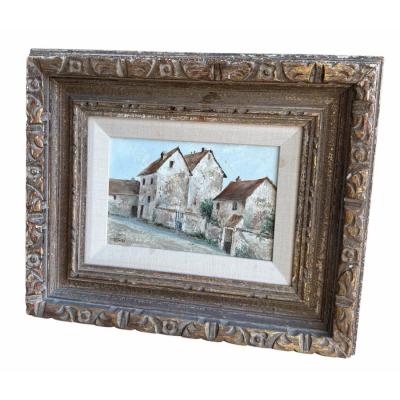 Antique French Village Oil Painting by R Touz 