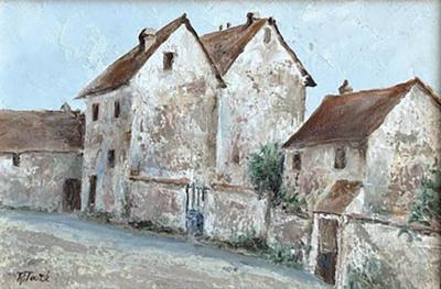 Antique French Village Oil Painting by R Touz 