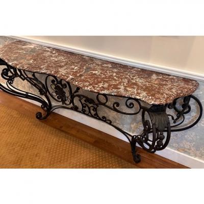 Antique French Wrought Iron Marble Top Console Table