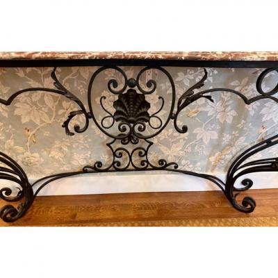 Antique French Wrought Iron Marble Top Console Table