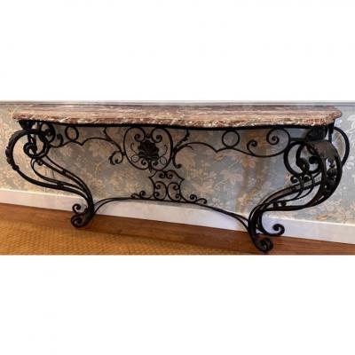 Antique French Wrought Iron Marble Top Console Table