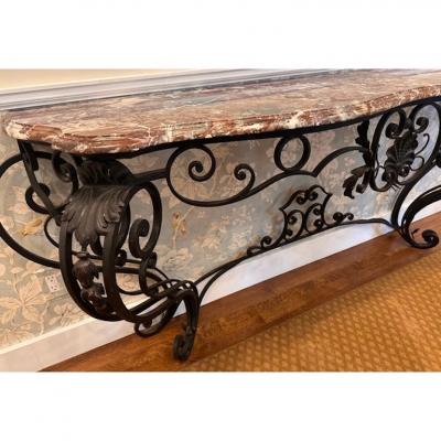Antique French Wrought Iron Marble Top Console Table