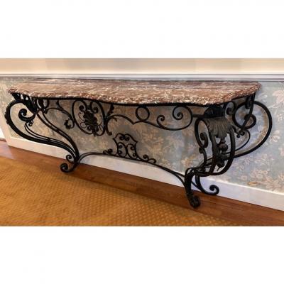 Antique French Wrought Iron Marble Top Console Table