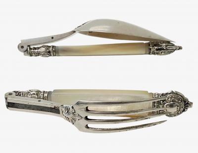 Antique French antique silver mop travel folding fork and spoon original box