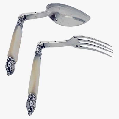 Antique French antique silver mop travel folding fork and spoon original box