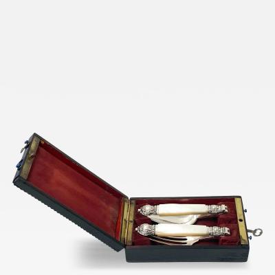 Antique French antique silver mop travel folding fork and spoon original box