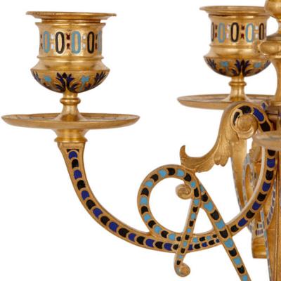 Antique French eclectic style enamel and gilt bronze clock set