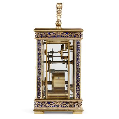 Antique French enamelled and engraved brass carriage clock