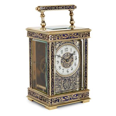 Antique French enamelled and engraved brass carriage clock
