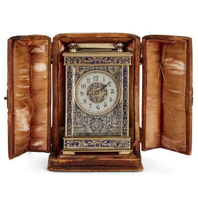 Antique French enamelled and engraved brass carriage clock