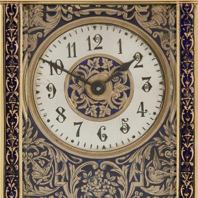 Antique French enamelled and engraved brass carriage clock