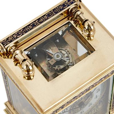 Antique French enamelled and engraved brass carriage clock