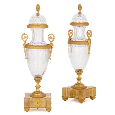 Antique French gilt bronze and cut glass clock set