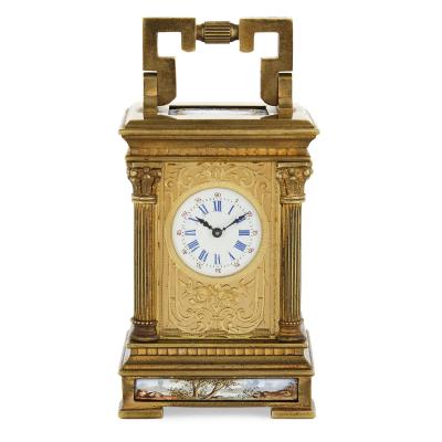 Antique French gilt bronze and enamel miniature carriage clock