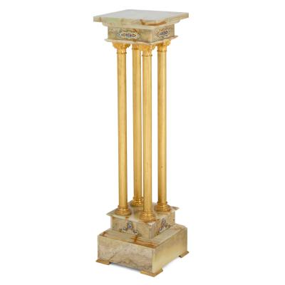Antique French green onyx gilt bronze and champlev enamel pedestal