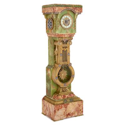 Antique French onyx champlev enamel marble and ormolu pedestal clock