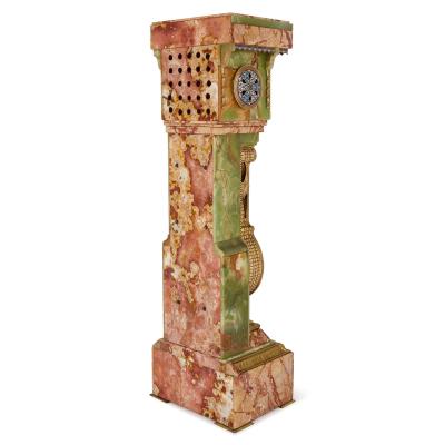 Antique French onyx champlev enamel marble and ormolu pedestal clock