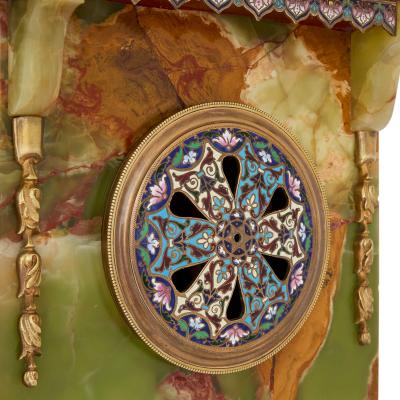 Antique French onyx champlev enamel marble and ormolu pedestal clock