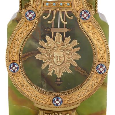 Antique French onyx champlev enamel marble and ormolu pedestal clock